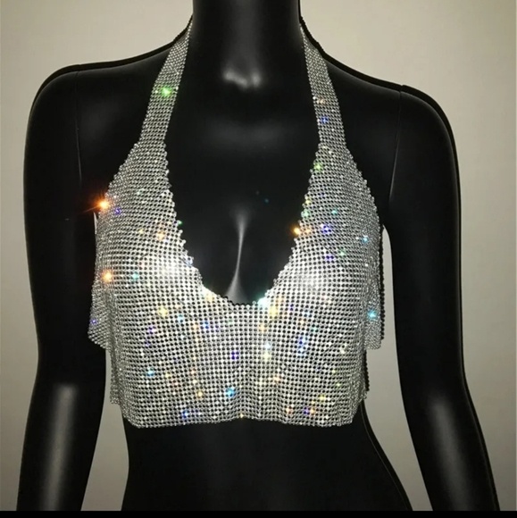Rhinestone silver mesh halter top - Picture 1 of 9